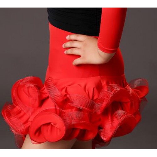 Black red ruffles irregular skirt hem girls kids children latin dance dresses